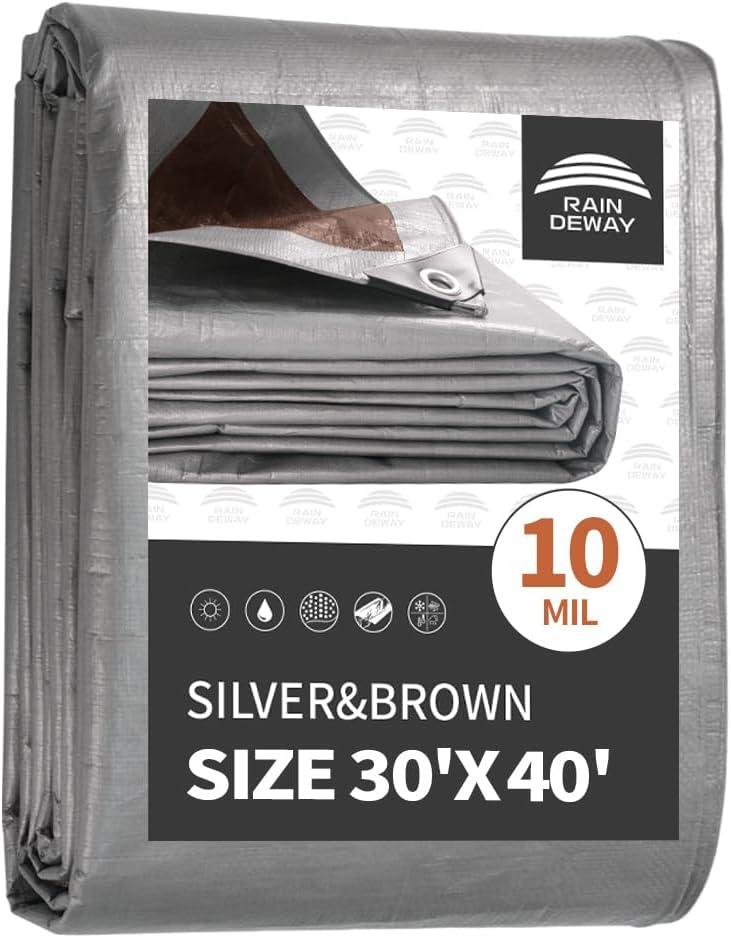 RAINDEWAY Tarps Heavy Duty Waterproof 30x40 Feet, 10 Mil Thick Multipurpose UV Resistance Large Tarp Cover with Metal Grommets and Reinforced Edges, Silver/Brown Tarp