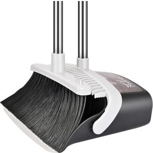 Broom and Dustpan Set, Heavy Duty Dust Pan with Long Handle 51 Inch Broom with Dustpan Combo Set Upright Self-Cleaning Dust Pan Home Kitchen Lobby Indoor Outdoor Sweeping Cleaning Tool - Gray