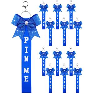 Landical Cheer Pin Me Ribbon Cheerleader Ribbon Keychain with Rhinestones Bow for Cheerleader Bag Backpack (Blue)
