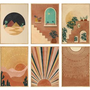 Boho Landscape Canvas Wall Art Abstract Terracotta Sunset Hill Desert Painting Picture Wall Decor Minimalist Geometric Sun Poster Prints Artwork for Living Room Bedroom Home Decoration 12x16in