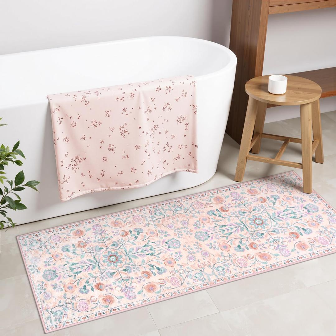 Uphome Bathroom Rug Runner Pink Floral Bath Mats Vinatge Ultra Soft Non Slip Bathroom Rugs Machine Washable Boho Farmhouse Medallion Shower Rug for Sink Tub Entryway, 18x47 inch