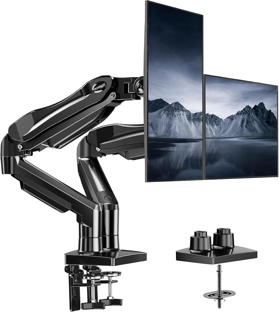 HUANUO Dual Monitor Stand, Fully Adjustable Gaming Monitor Desk Mount for 1327 Computer Screens, Full Motion VESA 75x75/100x100 with C-Clamp & Grommet Base, Each Arm Holds 4.4 to 19.8 lbs