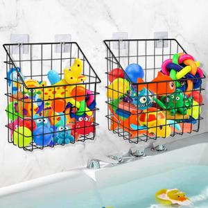 2 Pack Bath Toy Storage Organizer Basket, Large Metal Bathtub Toy Holder, Wall Mounted Hanging Shower Basket, Bath Toy Organizer For Bathtub for Easy Access and Sorting Toys/Clothes/Toiletries (Black)