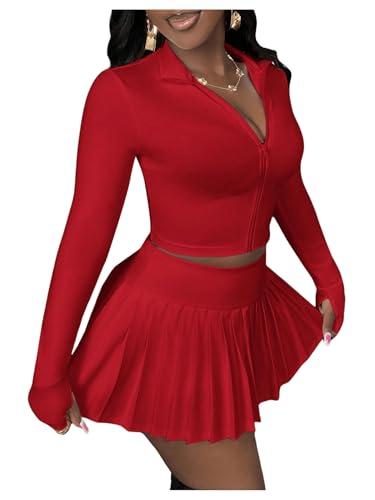 SOLY HUX Women's Skirt Sets 2 Piece Outfits Long Sleeve Crop Top with Pleated Mini Skirt Set Activewear Party Outfits for Women Plain Red X-Large
