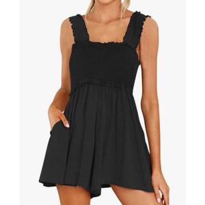 Women Summer Sleeveless Romper Square Collar Ruffle Straps Flowy Short Jumpsuit with Pockets, Medium