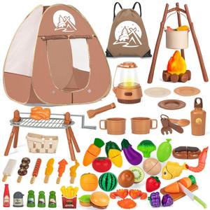 80PCS Kids Camping Toys Set with Play Tent Campfire Toys,Toy BBQ Grill Set,Pretend Cutting Play Food Set for Kid Kitchen, Indoor Outdoor Toys Pretend Playset for Toddler,Gifts for Boys Girls
