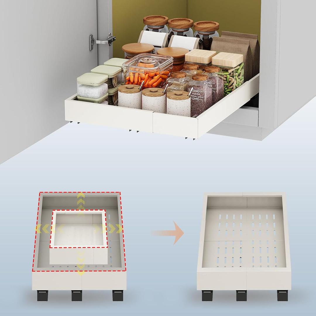 Pull out Cabinet Organizer,Expandable Width(11"-16"),Depth(17"-24") with 3 Rails,Roll out Drawers,No Drill Adjustable Slide out Shelves for Kitchen,Pantry,for Both Lip and Lip-Free Cabinets,White(1PC) ((11"W-16"W)X(17"D-24"D))