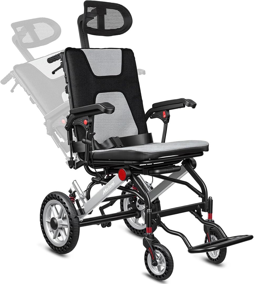 Reclining Transport Wheelchairs for Adults Lightweight Foldable Transport Chair with Telescopic Handle, Portable Folding Travel Transfer Wheel Chairs for Seniors