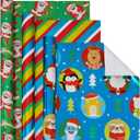 CAMKUZON Christmas Foil Wrapping Paper with Cut Lines on Reverse 3 Rolls Pack - Dancing Santa Claus, Colorful Stripes and Assorted Christmas Characters - Holiday Wrapping Paper Bundle, 24 Inch X 144
