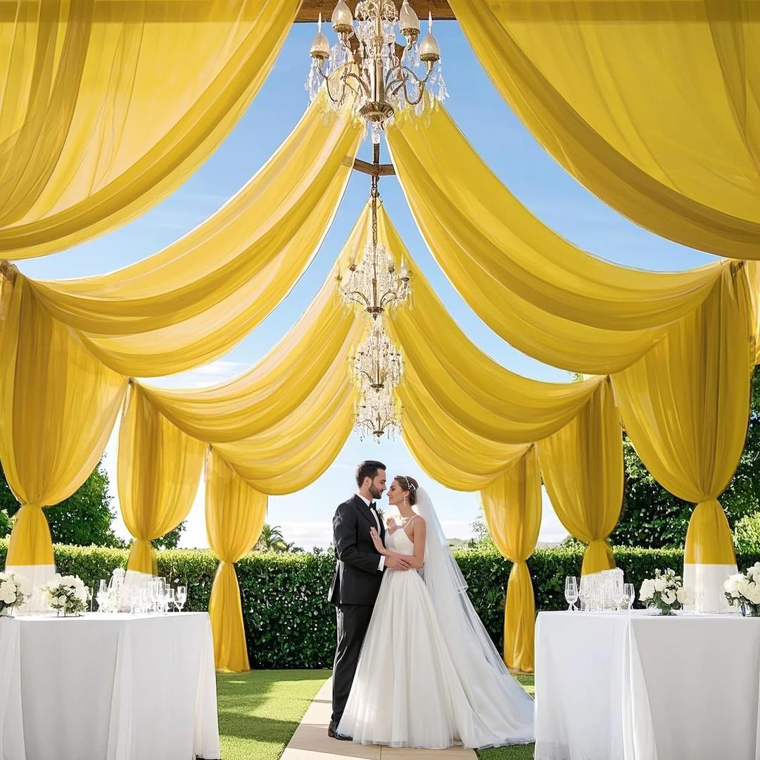 MODFUNS Ceiling Drapes for Parties Gold Sheer Wedding Arch Drapes 4 Panels 5x30ft Chiffon Fabric Ceiling Drapery Tulle Curtain for Backdrop Ceiling Draping Fabric for Party Wedding Hall Decor, 60"W x 360"L