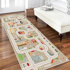 Kids Car Train Rug, 2'6" x 8' Boys Play Carpet, Floor Mat Playmat for Playroom Bedroom Kids Toddler RoomNon Slip Rug Backing (Grey, 2'6" x 8')