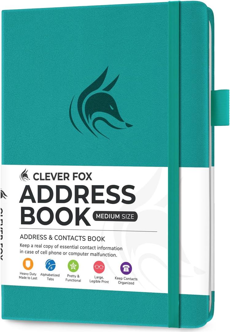 Clever Fox Address Book with alphabetic tabs - PU Leather Telephone and Address Book for Keeping Contacts Safe, Contact Organizer Journal, Medium Size (5.3 x 7.7) Hardcover, Turquoise
