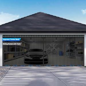 Sliding Garage Door Screen 16x7FT for 2 Car Garage Doors, Magnetic Garage Screen Door with Track Closure, Thicker 265g/㎡ Mesh, 16x7Ft Retractable Garage Door Screen(Patent has Been published)