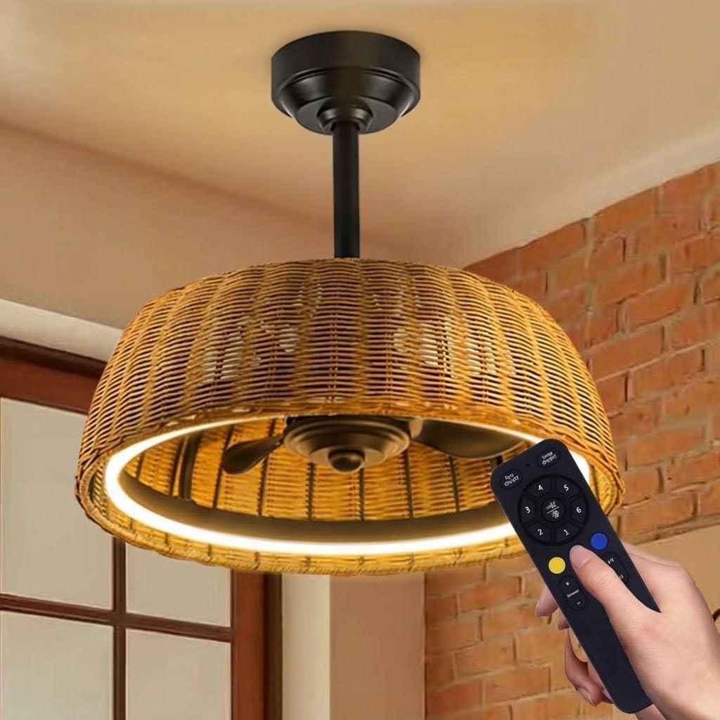 20" Boho Rattan Ceiling Fan with Light, Low Profile Flush Mount Caged Fandelier with Remote, Dimmable LED & Reversible Motor, Quiet Farmhouse Wicker Fan for Bedroom