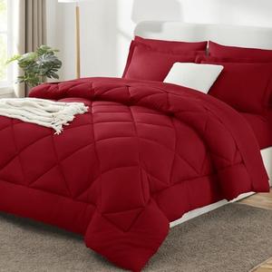 CozyLux King Size Comforter Set Dark Red - 7 Pieces Bed in a Bag King, Luxury Soft Bed Set for All Seasons, Bedding Set with Down Alternative Comforter, Sheets, Pillowcases & Shams 102x90 King