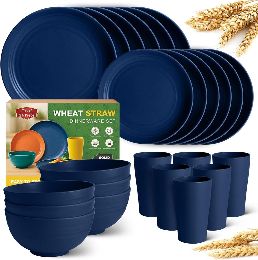 Teivio 24-Piece Kitchen Plastic Wheat Straw Dinnerware Set, Service for 6, Dinner Plates, Dessert Plate, Cereal Bowls, Cups, Unbreakable Plastic Outdoor Camping Dishes, Midnight Blue