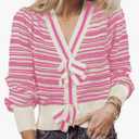 Saodimallsu Womens Striped Cropped Sweaters V Neck Cute Bow Tie Puff Sleeve Loose Knit Trendy Pullover Sweater, Size L