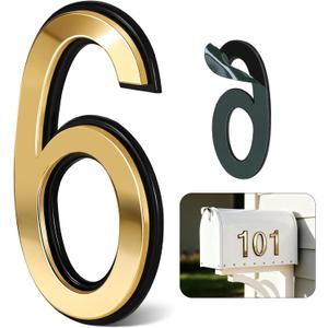 4 Inch Gold House Numbers for Outside, VONDERSO Self-Adhesive Mailbox Numbers with Exclusive Electroplated Finish and Durable ABS Base, for House Plaques, Mailbox, Yard, Garage Plaque Number 6