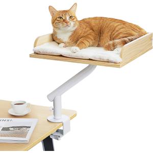 PAWZ Road Cat Desk Bed, Wooden Cat Bed for Desk Supports Up to 50 lbs, 360 Rotation & Adjustable, Nest Desktop Attachment Cats Hammock for Table, Beige