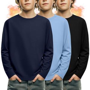 3 Pack Boys Fleece Long Sleeve Shirts, Crew Neck Thermal Tops Kids Casual Soft Warm Loose Basic Tees 15-16 Years