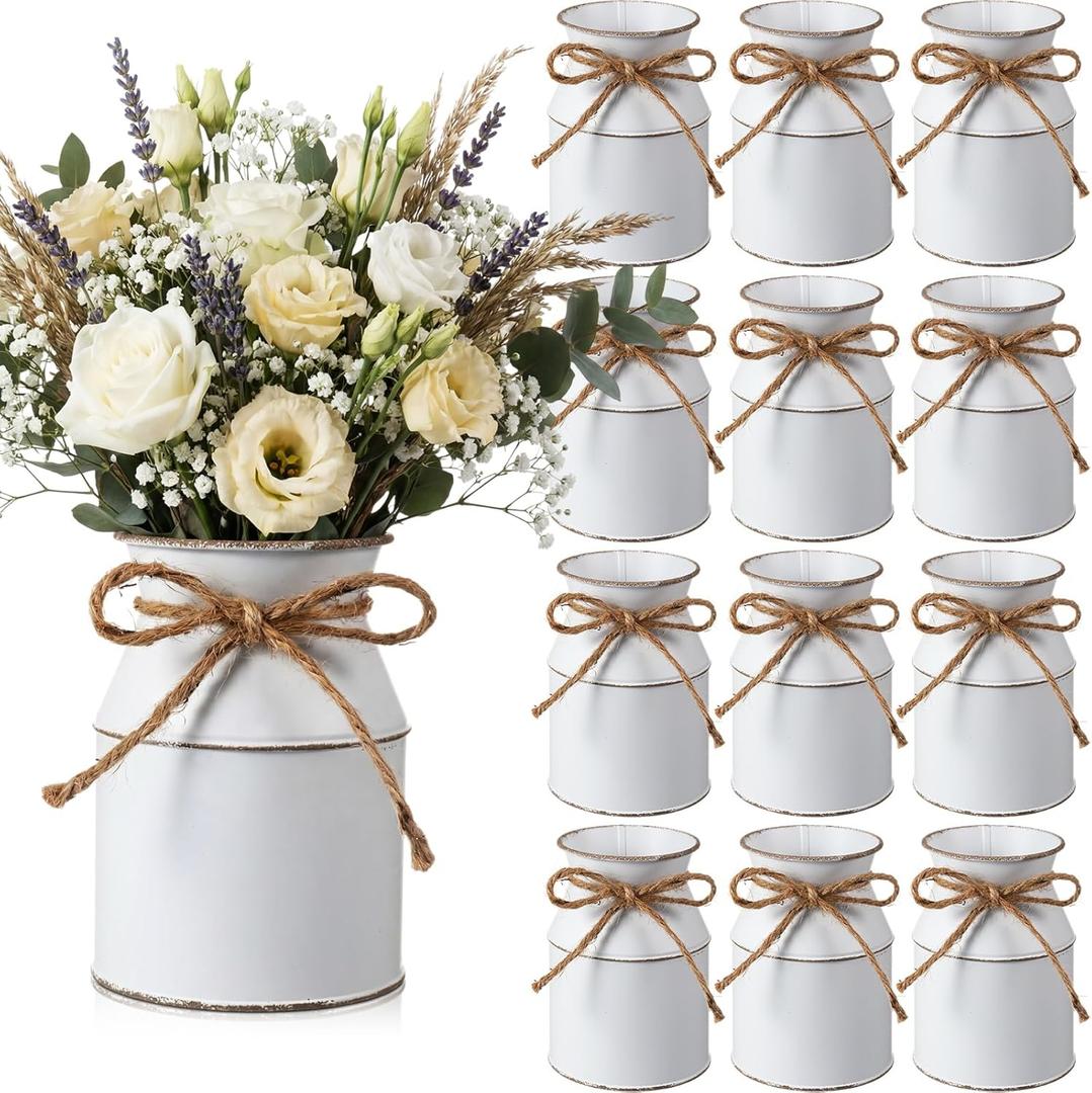 Domensi 12 Pcs Farmhouse Metal Flower Vase Wedding Decor Bulk Rustic Galvanized Milk Can Jug Vase with Bow FlowerBucket for Table Centerpiece Valentine Home (5.12 Inch,Vintage White)