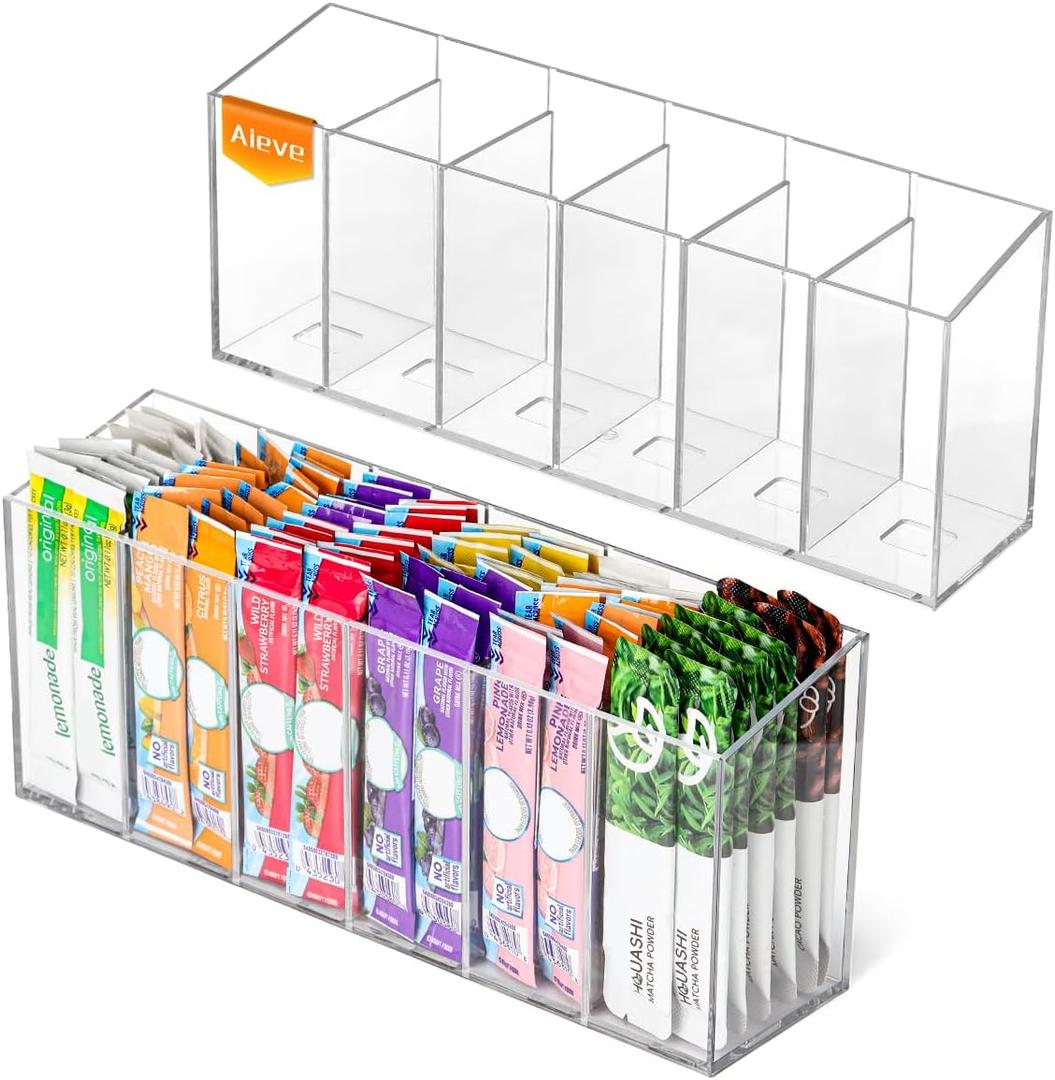AIEVE 2 Pack Drink Packet Organizer, Water Drink Packet Holder with Removable Dividers for Pantry Organizers and Storage, Water Flavor Powder Mix Holder for Kitchen Storage Organization