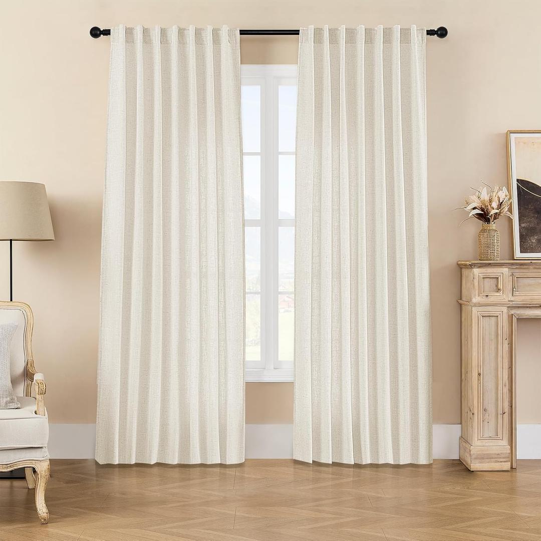 Joydeco Linen Curtains 2 Panel Set,Light Filtering, Ivory on Linen Curtains 90 Inch Curtains for Living Room, Cream Drapes 90 Inches Long Rod Pocket Back Tab Curtains (90" L x 100" W)