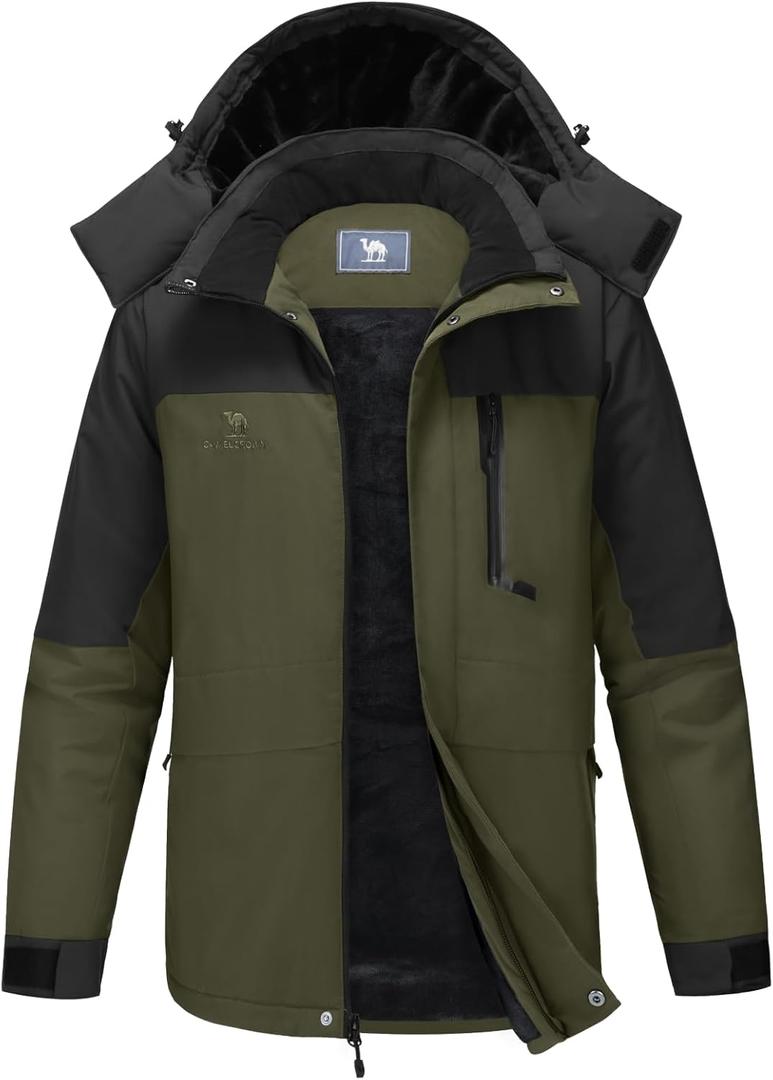 CAMEL CROWN Men's Winter Ski Jacket Mountain Snow Coats Waterproof Detachable Hood Windproof Fleece Rain Jackets (Green)