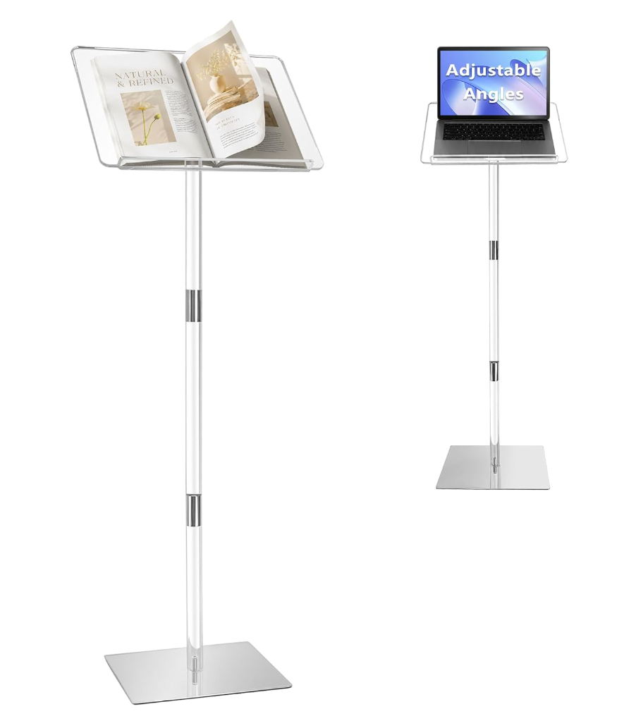 Podium Stand, Lecterns & Podiums, Acrylic Adjustable Angles with Metal Base, Podium for Church, Weddings, Classroom, Speech, 15" L x 11" W x 52" H (Clear)