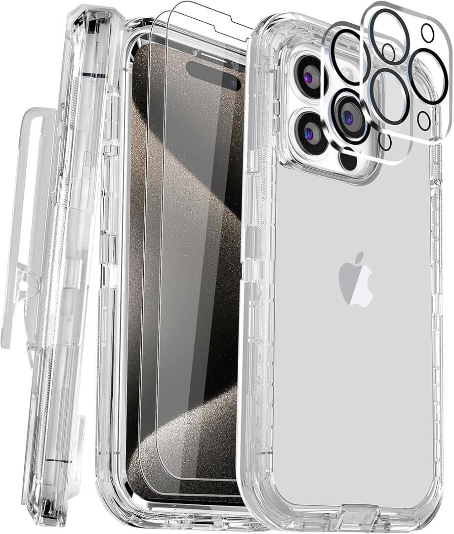 for iPhone 15 Pro Case 6.1" with Belt Clip Kickstand, 2 Camera Lens Protector & 2 Screen Protector, Heavy Duty Full Protection Phone Case(Belt Clip,Crystal Clear)
