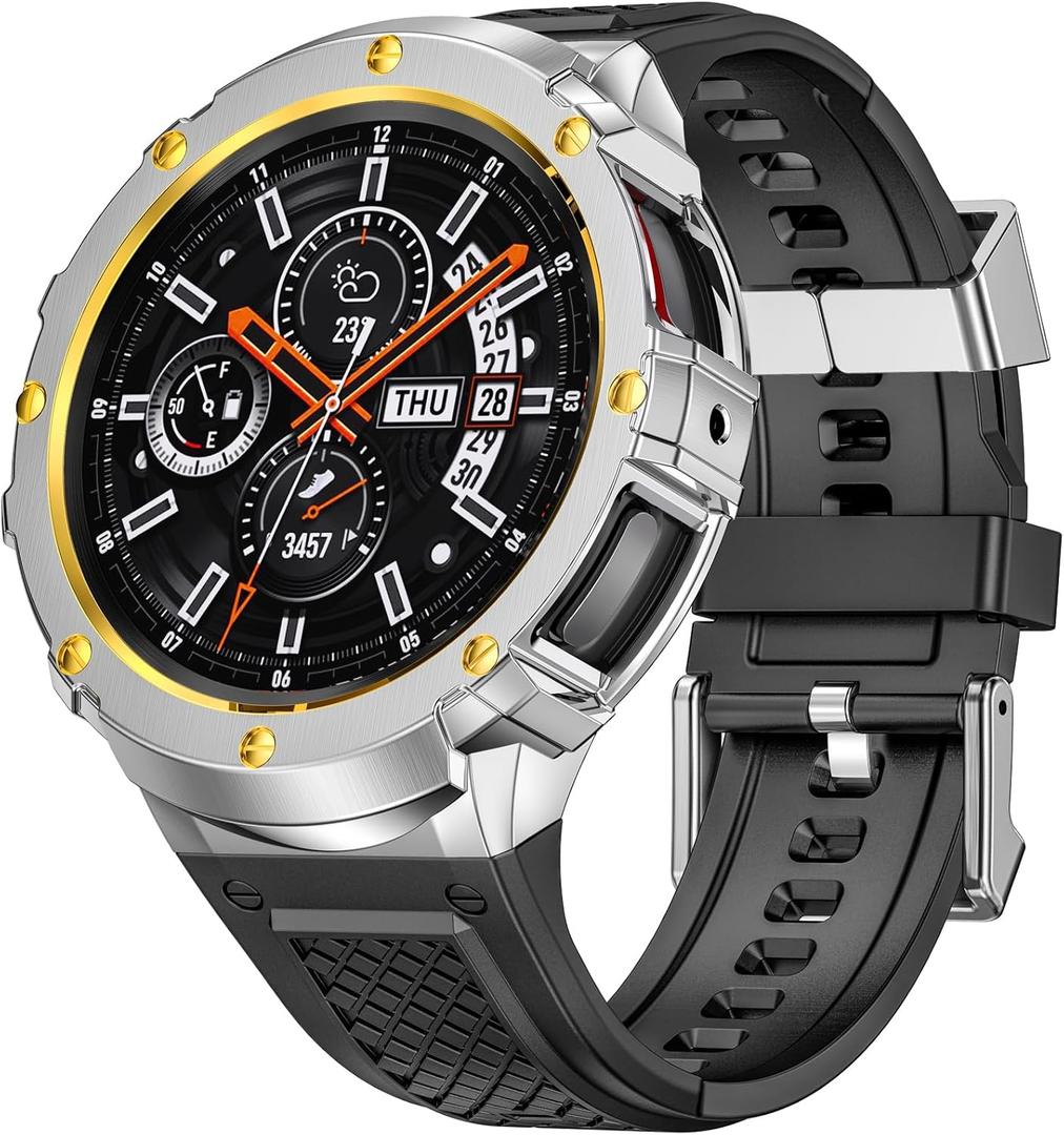 Silicone Band with Stainless Steel Case Cover Compatible with Samsung Galaxy Watch 7 44mm Bands Protective Case Cover for Men (Sliver & Gold)