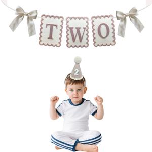 Brown Bow 2nd Birthday Banner Two High Chair Banner and Hat For Boy 2nd Birthday Decorations Wall Highchair Hanging Party Supplies