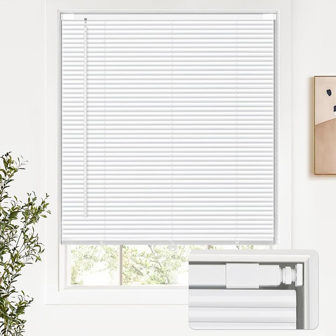 LazBlinds No Tools No Drill Cordless Aluminum Mini Blinds, 100% Privacy S-Curve Blinds for Windows, Room Darkening Horizontal Window Blinds and Shades for Home, 33" W x 64" H, White