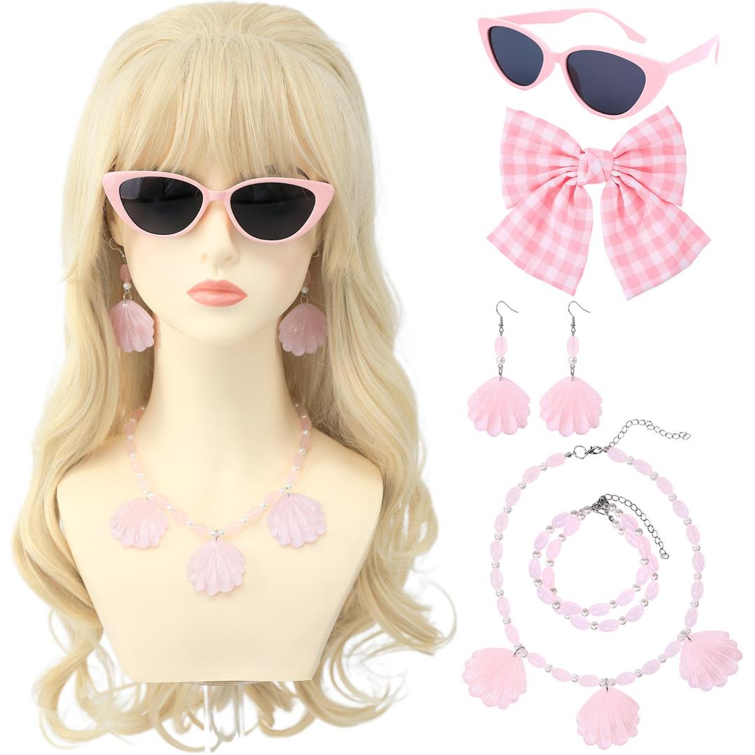 Long Blonde Wig with Bangs for Women Wavy Bouffant Synthetic Hair Wigs for Womens Cosplay Costume Halloween Party Including Shell Necklace Bracelets Earrings Sunglasses and Bow Hair Clip