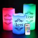 DRomance Color Changing LED Flameless Candles with 18-Key Remote and Timer, Live Love Laugh Decals Battery Operated LED Flickering Pillar Candles Dinner Wedding Decor 3 x 4, 5, 6