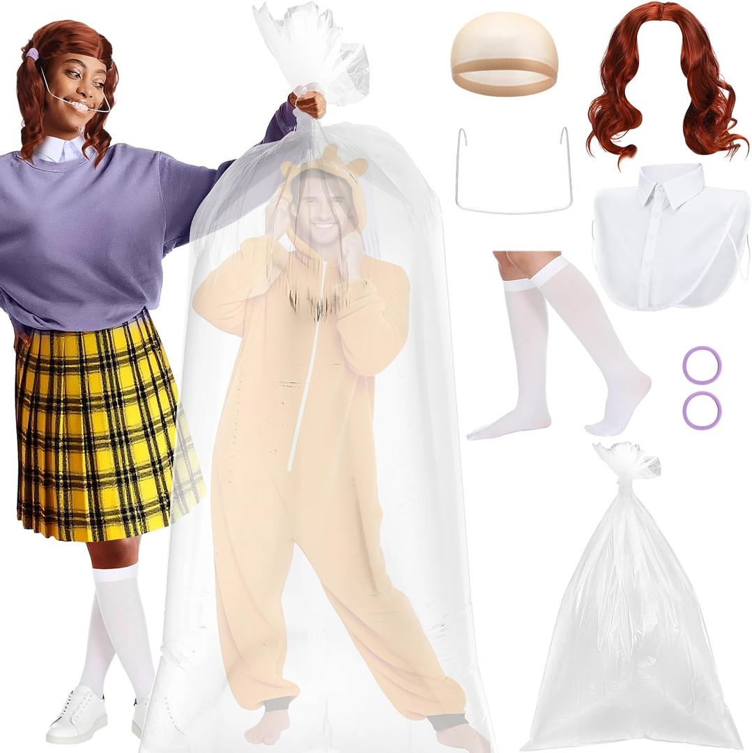 Chicingyou 7 Pcs Halloween Costume Kit Include Red Ponytails Wig Women Collar White Knee High Socks Purple Hair Ties Fake Braces and 60 x 40 Inch Giant Plastic Bag Adult Couple Cosplay