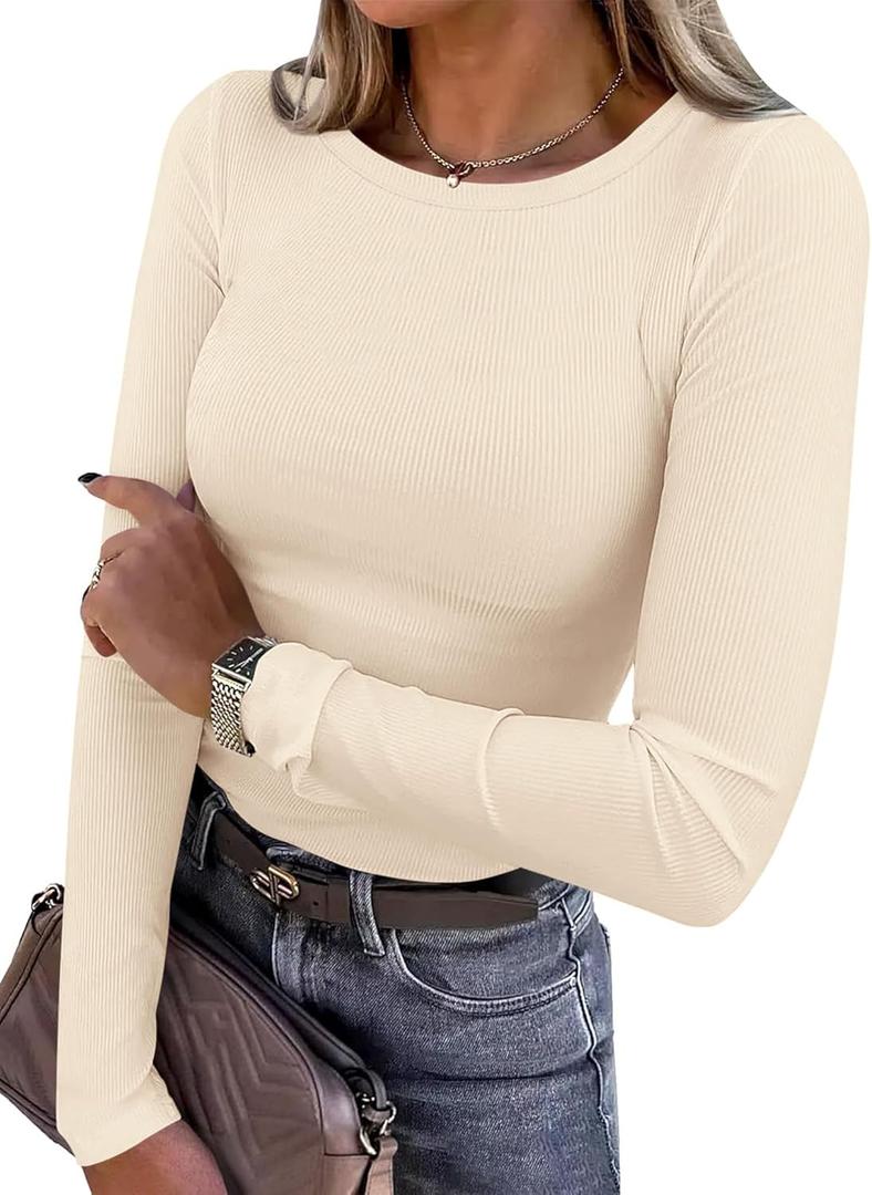 PRETTYGARDEN Women 2026 Fall Clothes Long Sleeve Shirts Ribbed Knit Fitted Basic Tee Going Out Tops Underscrub Casual Outfits (Large, Beige)
