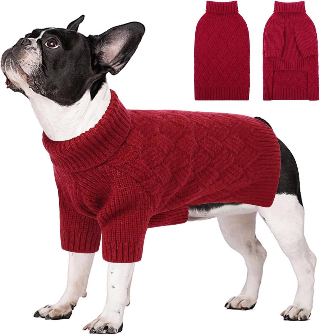 SUNFURA Dog Christmas Sweater, Sweaters for Large Dogs, Solid Color Dog Pullover for Fall Winter, Warm Sweatshirt Knit Turtleneck for Corgi, French Bulldog, Red L
