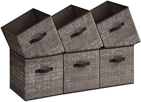 SONGMICS Storage Cubes, 13-Inch Non-Woven Fabric Bins with Double Handles, Set of 6, Closet Organizers for Shelves, Foldable, for Clothes, Walnut Color UROB033K02