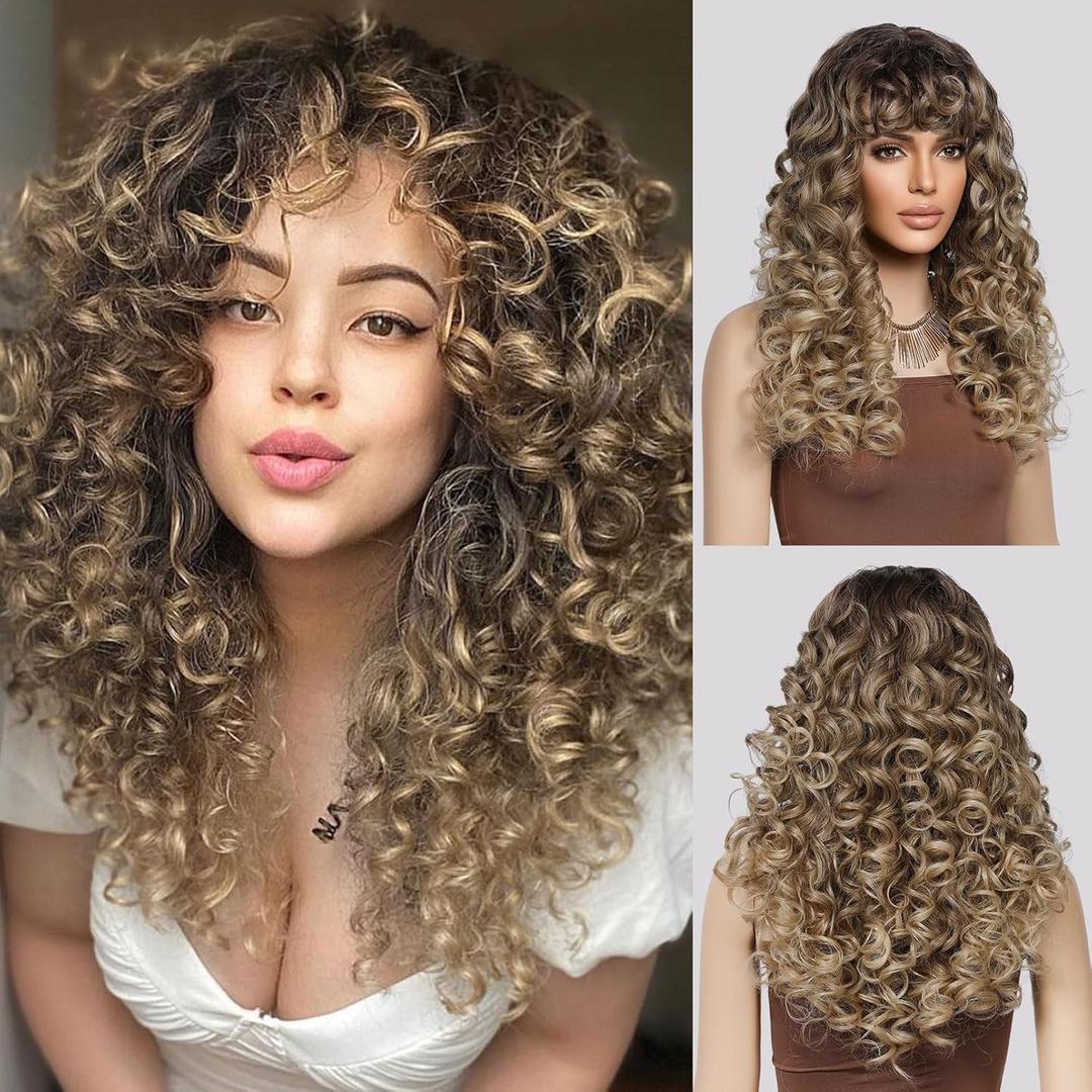 LONAI Curly Wig with Bangs for Women Long Honey Blonde Kinky Wigs with Bangs WIG006 Curly Shag Synthetic Wig for Daily Use Party Cosplay-Ombre Honey Blonde (23 Inch (Pack of 1))