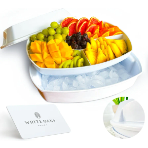 15" White-Colored Chilled Serving Tray - 3-Tier Ice Party Platter with 4 Compartments, Ice Tray & Lid, BPA-Free Melamine, Dishwasher & Freezer Safe for Fruits & Vegetables - Cutting Board Included