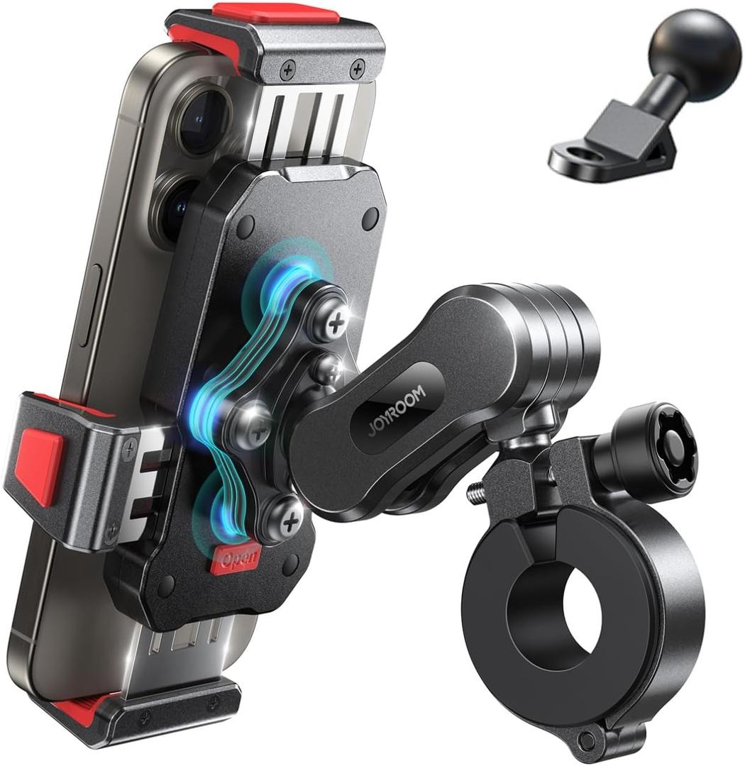 JOYROOM Aluminum Alloy Motorcycle Phone Mount with Vibration Dampener, Phone Holder for Harley Bike, Bicycle, Scooter, ATV/UTV, Compatible with iPhone, Samsung, All Cell Phones (Red)