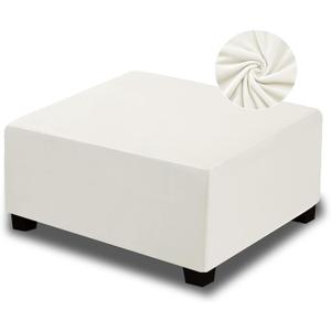 NeColorLife Velvet Square Ottoman Cover, Stretchable Footrest Stool Slipcover with Elastic Band for Rectangle and Square Storage Ottoman(Large,Off White) 