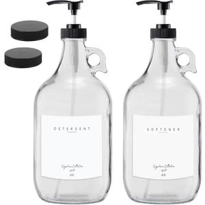 Laundry Detergent Dispenser for Laundry Room - Two Half Gallon Glass Jugs for Fabric Softener Dispenser, Liquid Laundry Soap Dispenser and Bleach - 64 oz. Black Commercial Liquid Pump Dispenser