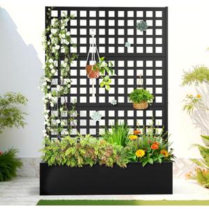 FENCY Metal Raised Garden Bed with Trellis, Metal Planter Box with Trellis, Garden Box for Climbing Plants Vegetable, 47''Lx16''Wx71''H Garden Bed with Drainage Holes(Black)