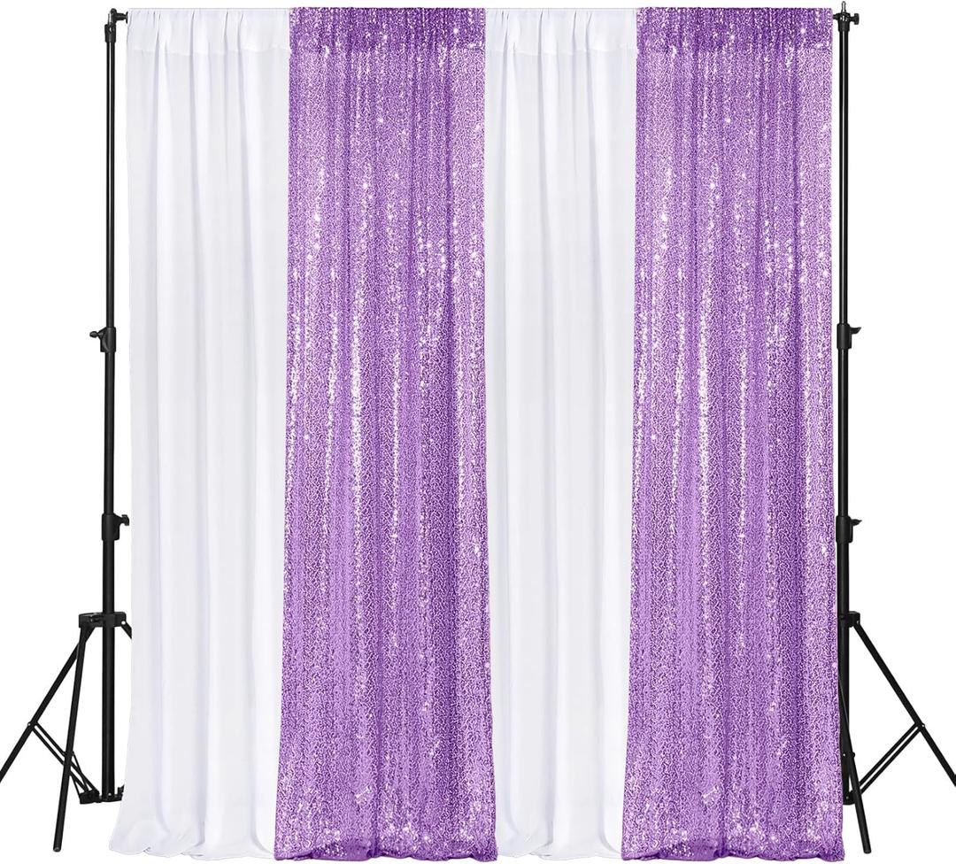 VitalCozy 4 Panels Backdrop Curtains 2 Pcs 4 x 10 ft Sequin Glitter 2 Pcs 7 x 10 ft Chiffon Photo Background Curtains for Halloween Wedding Birthday Party Decorations(White, Purple)