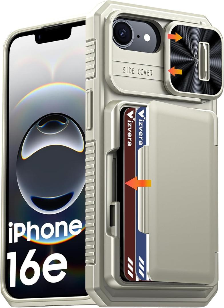 Vizvera for iPhone 16e / iPhone 17e Case Wallet RFlD [Cards Holder][Camera Control][Camera Cover] Full Body Rugged Shockproof Silicone Protective Phone Case for iPhone 16e/17e(Natural Titanium)