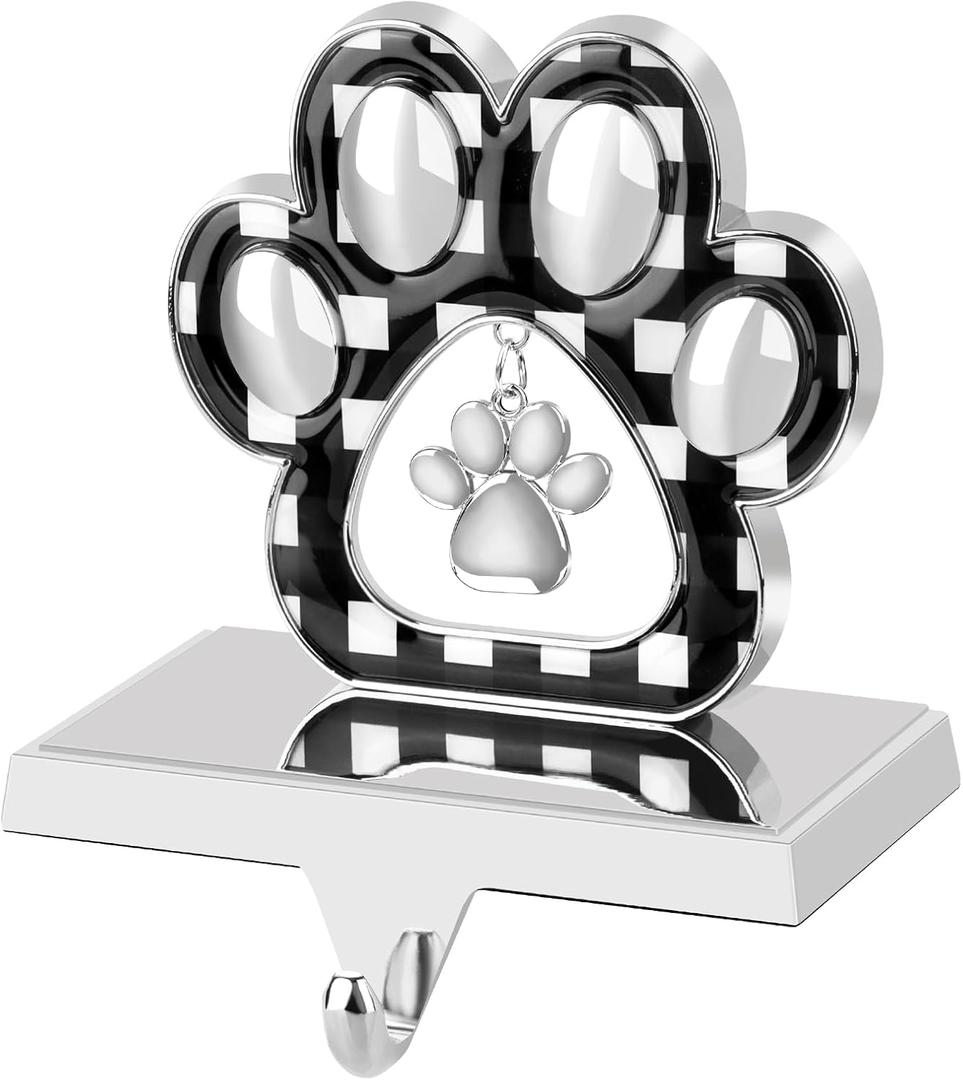 Adecortalk Dog Paw Christmas Stocking Holder with Pendant for Mantel 3D Silver Checkered Pet Paw Stocking Holder Metal Christmas Stocking Hanger for Dog Lover Xmas Fireplace Mantel Table Decorations