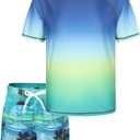 Boys Rash Guard Swimsuits Set for Boys Short Sleeve Swim Shirts with Trunks 2 Piece Quick Dry Swim Set (3-4T, Navy Green Palm), 11/12