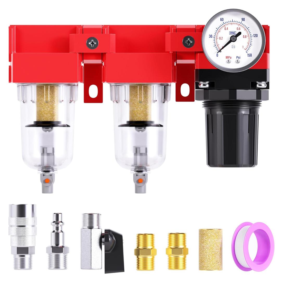 TAILONZ PNEUMATIC 1/4 Inch NPT 150PSI 3 in 1 Air Filter Pressure Regulator Combo Piggyback, Air Tool Compressor Filter, 5 Micron Filter Element(Manual Drainage)